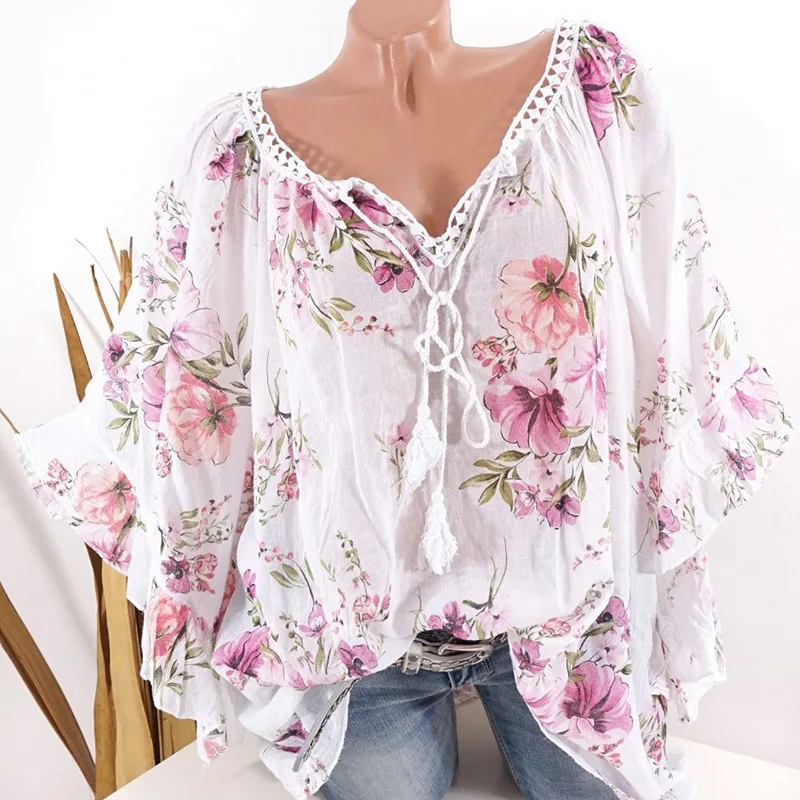 Large size women's blouse 2019 autumn large size V-neck bat sleeve lace collar print shirt