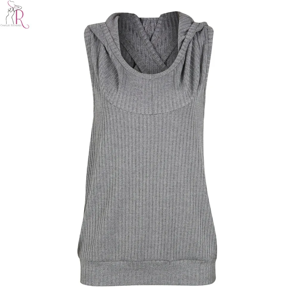 Women Hoodies Hooded Vest Grey Cable Cut Out Knitted Sleeveless Casual