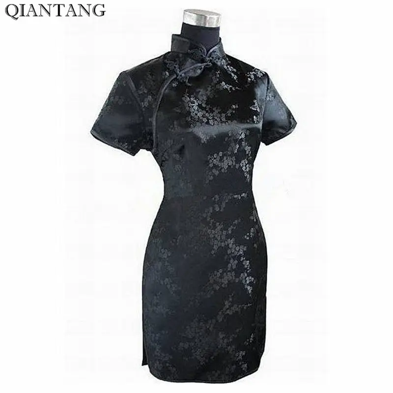 Черный традиционное китайское платье Mujer Vestido Для женщин сатиновое платье-Ципао Китайский Женский мини-халат цветок Размеры S, M, L, XL, XXL, XXXL, 4XL, 5XL, 6XL J4039 - изображение