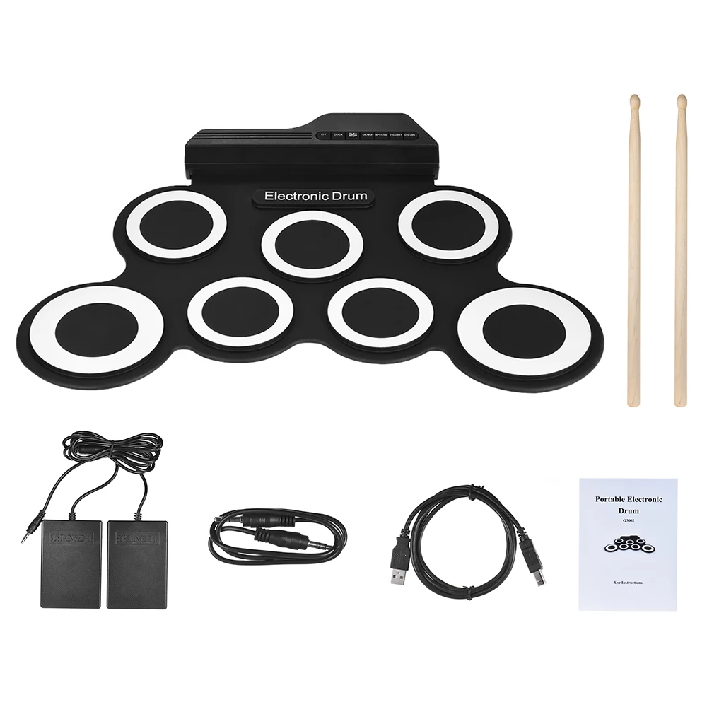 

Portable Digital Electronic Roll Up Drum Set Kit 7 Silicon Drum Pads USB Powered with Drumsticks Foot Pedals