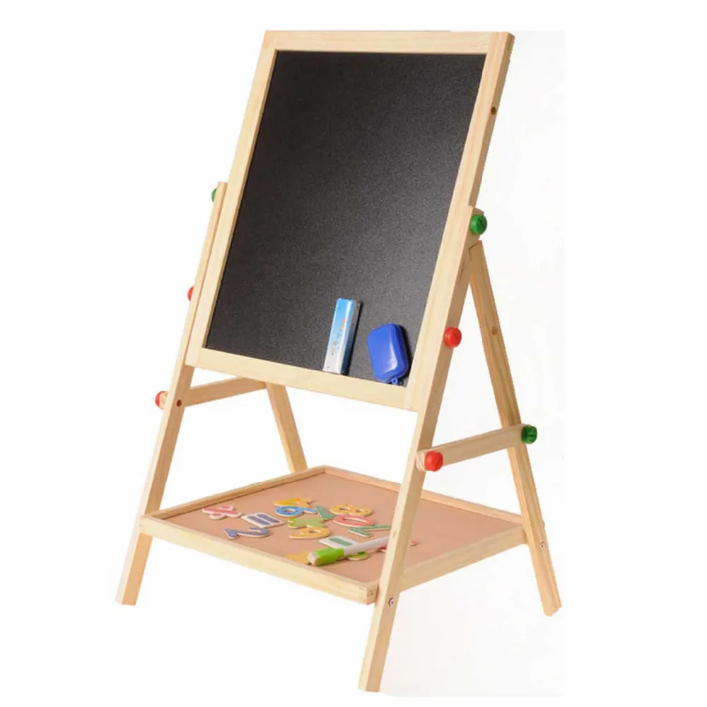 Crianças de Madeira 2 em 1 Ajustável Apagável Dupla Face Magnética Quadro Negro Faça Você Mesmo Pintura Desenho Placa Brinquedo 16 Brinquedos p/ desenhar