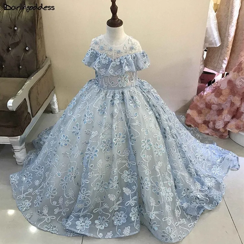 

Luxury Lace Beaded Flower Girl Dresses for Weddings Ball Gown Kids Evening Gowns Light Blue First Communion Dresses 2019
