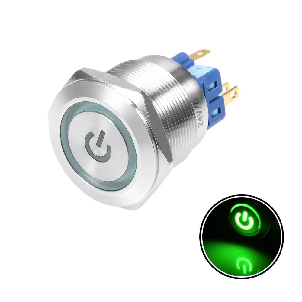 

Uxcell Latching Metal Push Button Switch 25mm Mounting Dia 5A Flat Head 24V Red Green LED Light 1NO 1NC Silver Tone 6 Terminals