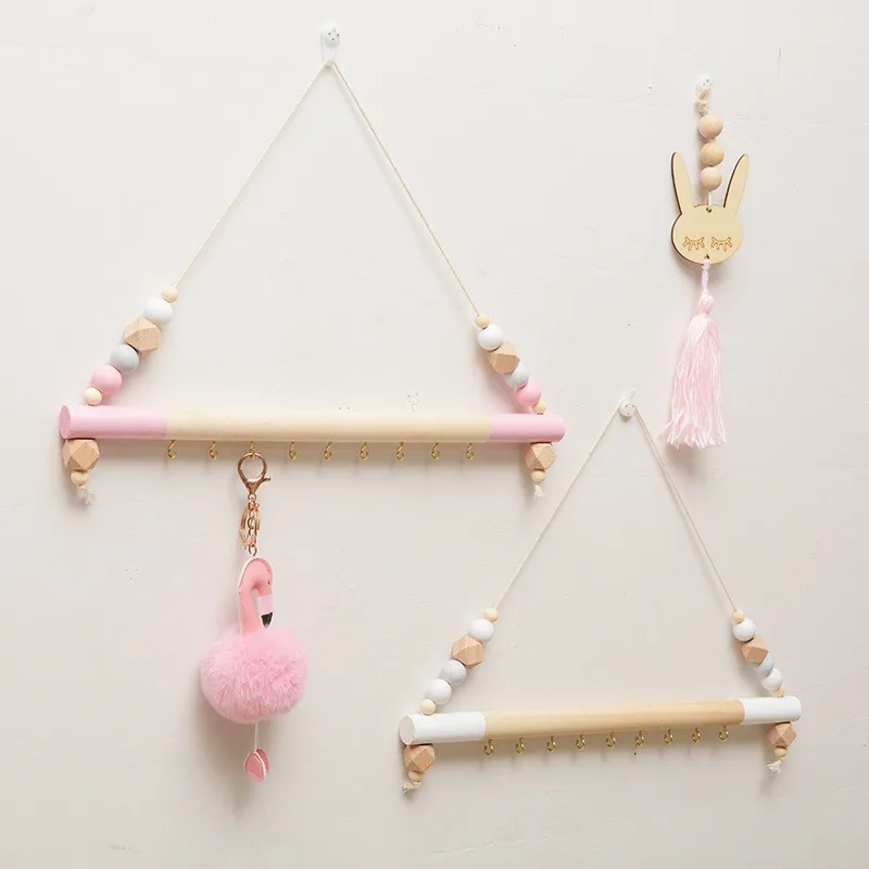 

Nordic style beads colorful wood shelves with tassel Wall clapboard decoration Children room kids clothing store display stand