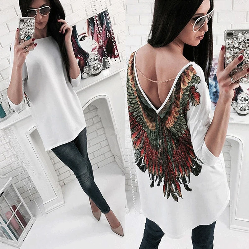 2018 Women Feather Print T shirt Harajuku Sexy Backless Deep V Wings Long Sleeve Loose Tees Top Casual White Black T-shirt Blusa
