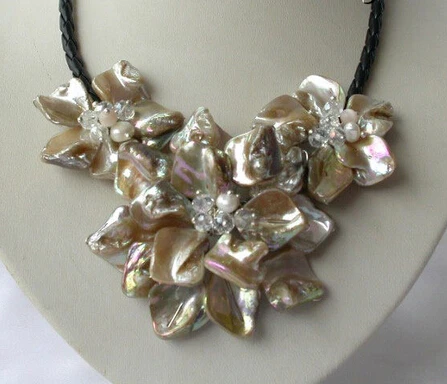 

classic baroque freshwater cultured pearl shell flower leather necklace AAA style Fine Noble real Natural free shipping
