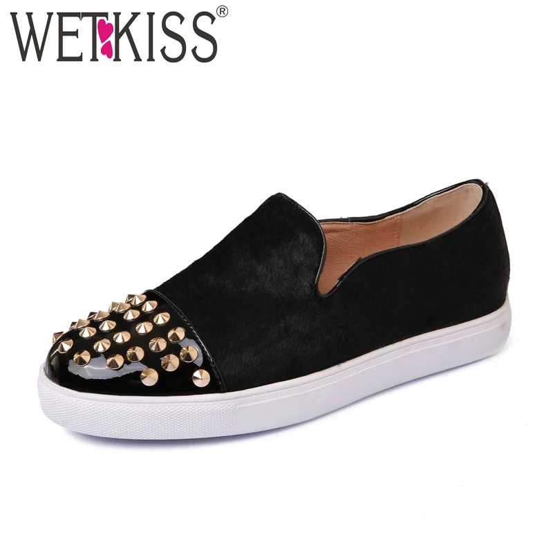 

WETKISS New Arrival Natural Leather Flat Soled Platform Shoes Women Slip On Female Footwear Design Rivet Flats Leopard Black
