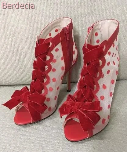 Big Size Woman High Heels Sexy Red Peep Toe Cross-tied Butterfly-knot Ankle Boots Women Classics Polka Dot Pumps High Heel