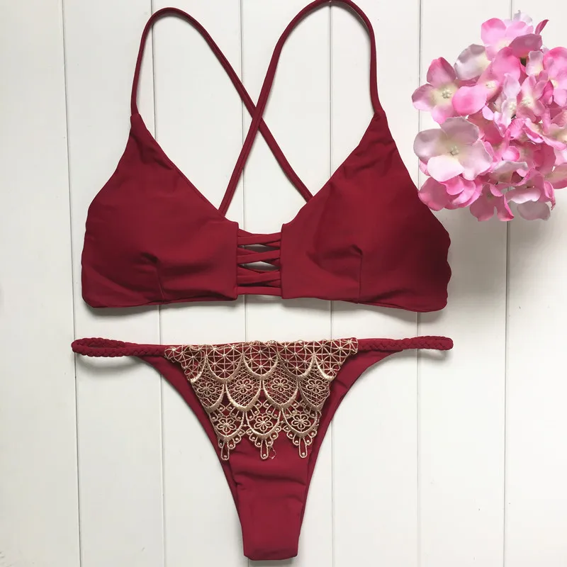 

Push Up Bikini Set Winte Red Gold Lace Women Swimwear Sexy Swimsuit Plus size