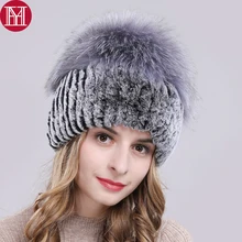 Outdoor Women Warm Soft Genuine Rex Rabbit Fur Hat Knitted Natural Real Sliver Fox Fur Caps Winter Real Rabbit Fur Beanies Hats