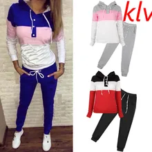 KLV Women Casual Elastic Waist Print Tracksuit Hoodie Sweatshirt Sweater Pants Jogger Outfits Set