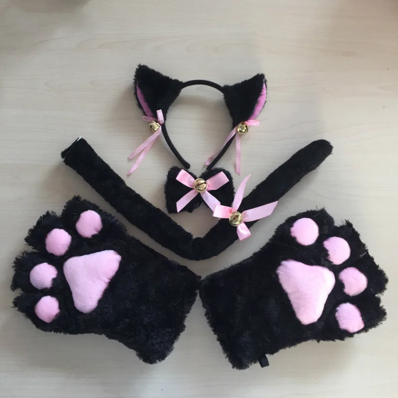 Милые сексуальные Kawaii Kitty Cat Meow star Love Ribbon Аниме Косплей Аксессуары наборы плюшевые лапы кошки перчатки-когти хвост Ухо повязка на голову - Цвет: Черный