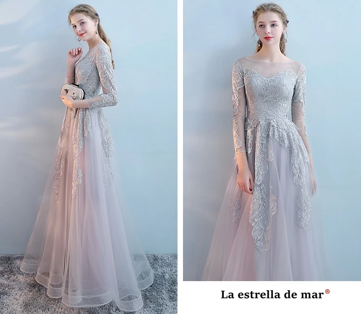 Robe demoiselle d'honneur2018 Новый тюль с длинным рукавом линии sexy see розовый серый платье подружки невесты длинные красивые vestido madrinha