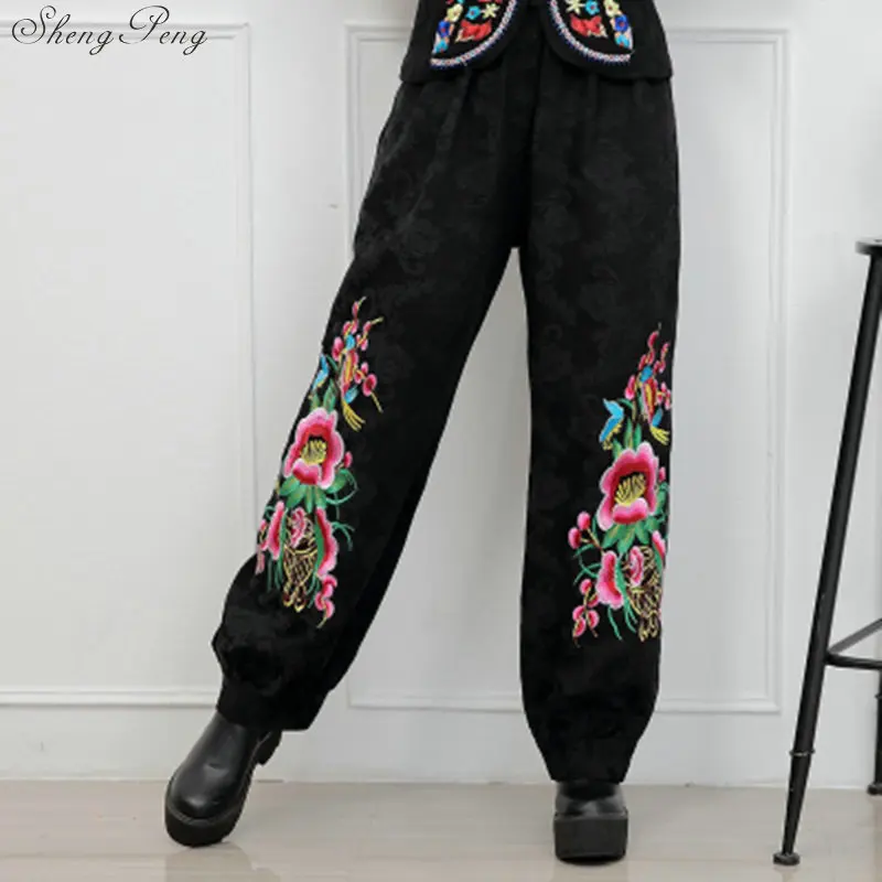 

Women autumn spring ethnic black floral embroidery harem pants capris pant trousers Traditional Chinese clothing V1356
