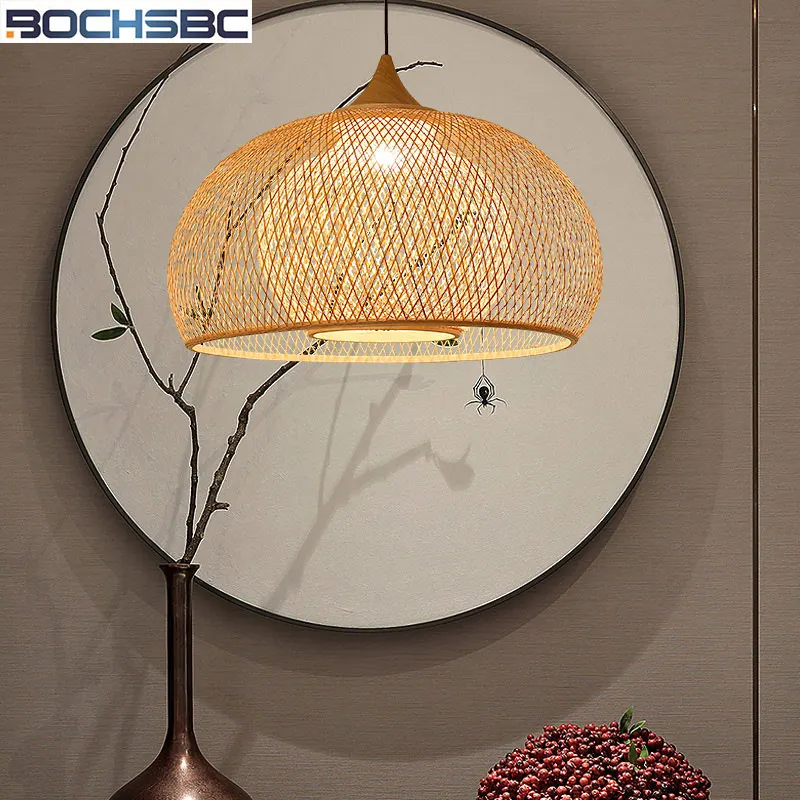 

BOCHSBC Bamboo Hand Knitted Lampshade Pendent Light Japanese Creative Simple Morden Country Style Hanging Lamp for Living Room