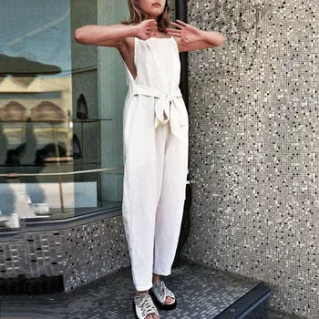 

Fashion Women Plus Size Belt Loose Jumpsuit Solid Lace Up Holiday Playsuit Sashes Spaghetti Sleeveless Casual Bodysuit