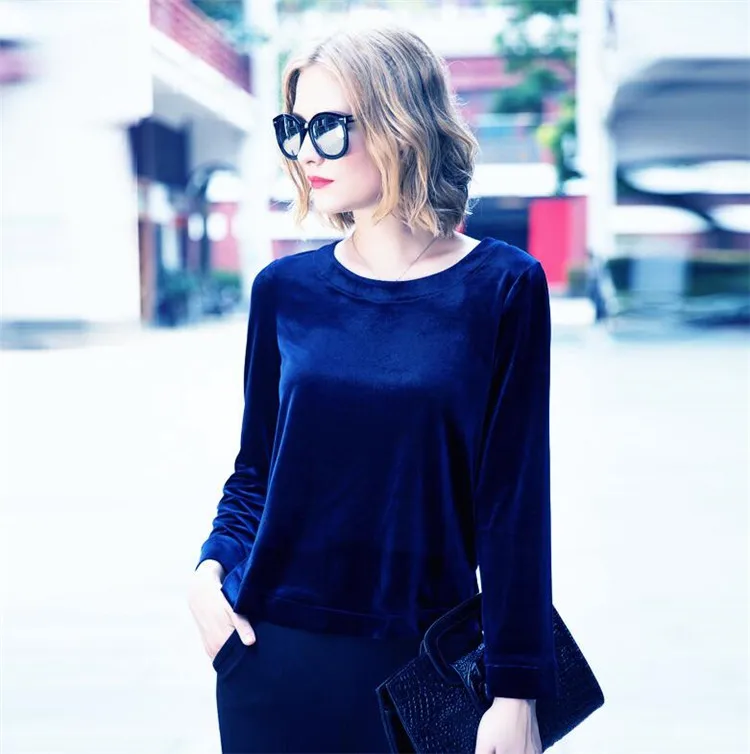 navy blue Женский топ с длинными рукавами из золотого бархата, модный топ, повседневный топ с круглым вырезом, тонкая свободная велюровая рубашка размера плюс M-6XL, 7XL, женские пуловеры - Цвет: navy blue
