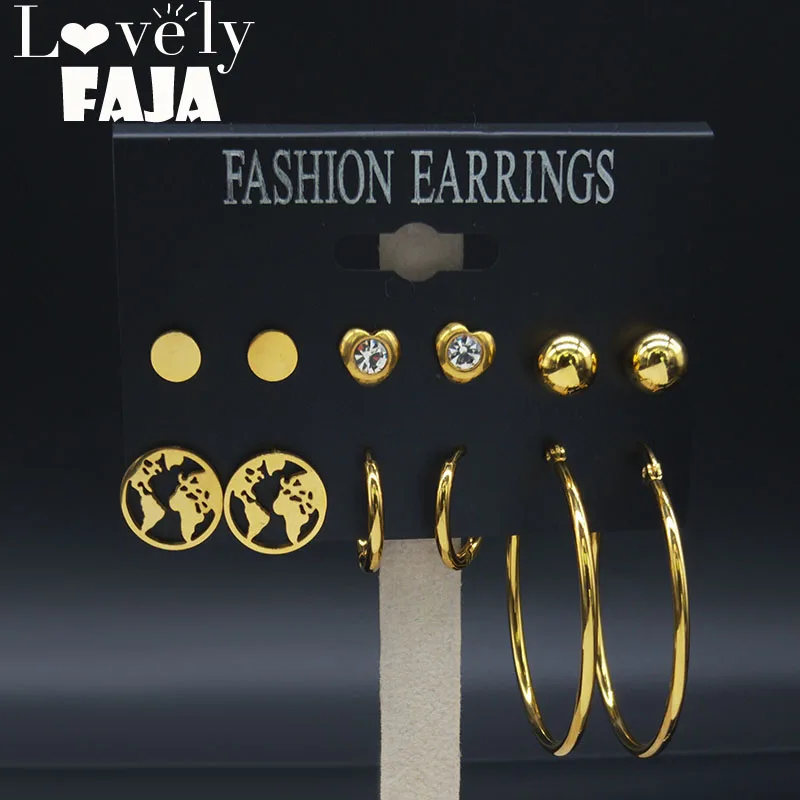

6 Pair 2019 Map Crystal Stainless Steel Earrings Set for Women Gold Color Stud Earrings Jewelry bijoux fantaisie femme E612812