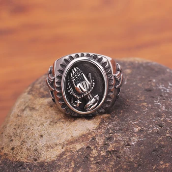 

Blessed Virgin Mary Pray Hand Ring Punk Ring Set Quality Lucky Powerful Religion Prayer Rings For Men Jewelry