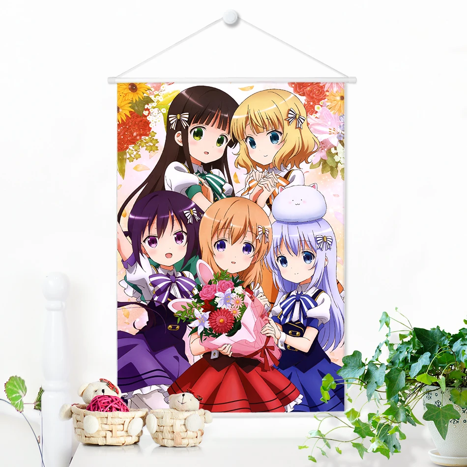 cheap Japanese Anime Is the Order a Rabbit Scroll Painting By Numbers Microfiber Animation Wall Picture Print Poster 100x70cm