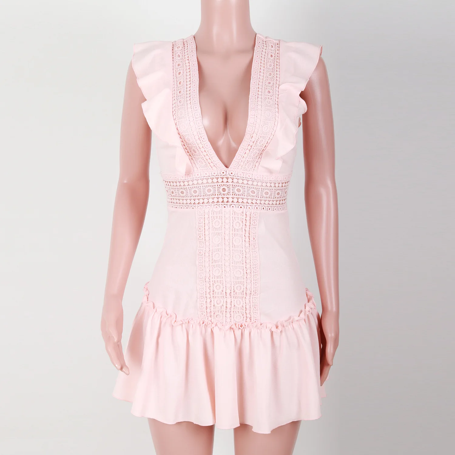 Lessverge женское платье с глубоким v-образным вырезом, с вышивкой, с рюшами, на шнуровке, хлопок, на шнуровке, летние платья, сексуальное открытое розовое мини пляжное платье