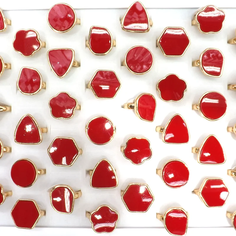 

50pcs OL Style Red Color Round, Peltate, Flower, Hexagon Shape Rings For Lady