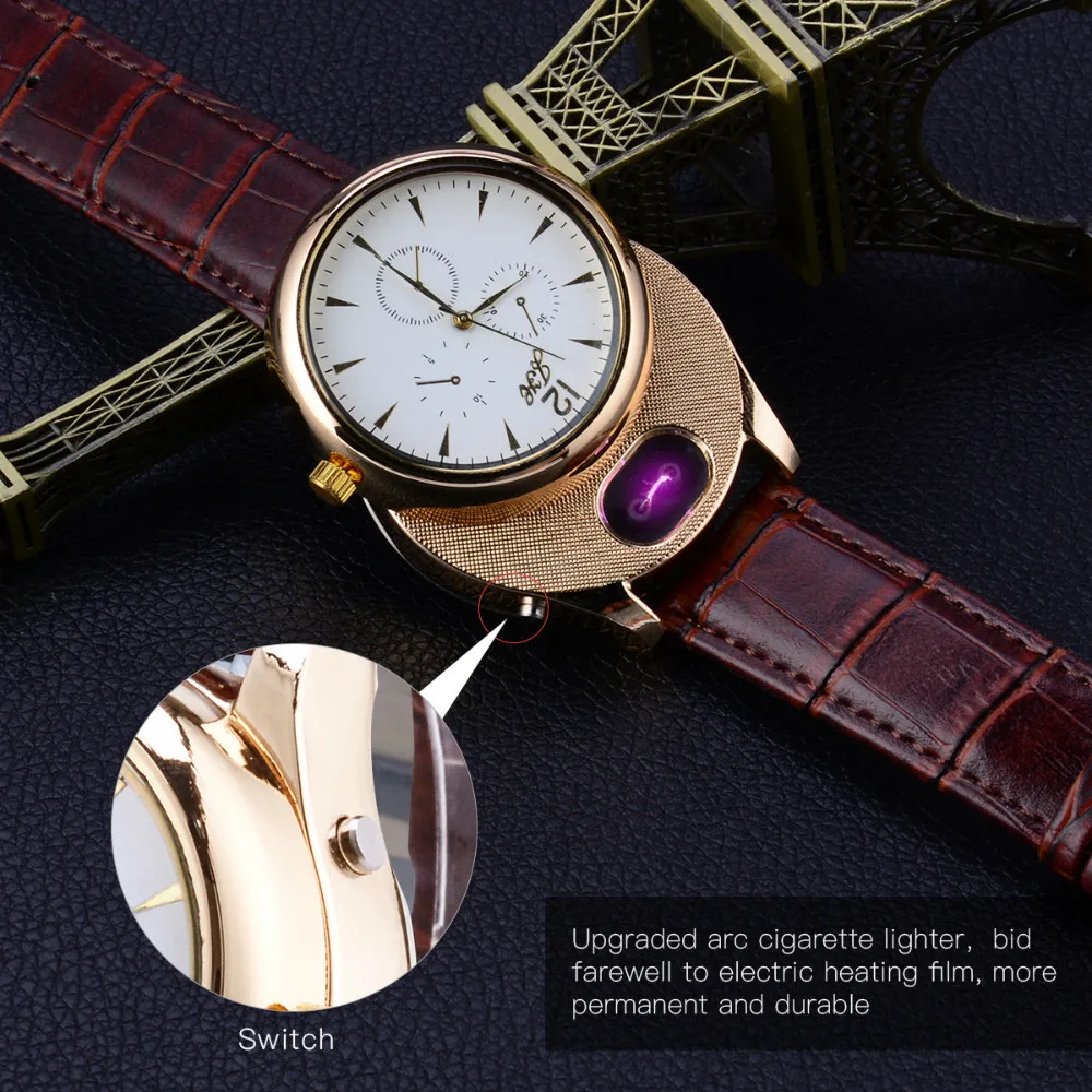 Cigarette Lighter watch Men USB rechangeable Casual Quartz Watch fashion Arc Flameless Lighter Wristwatches clock JH338