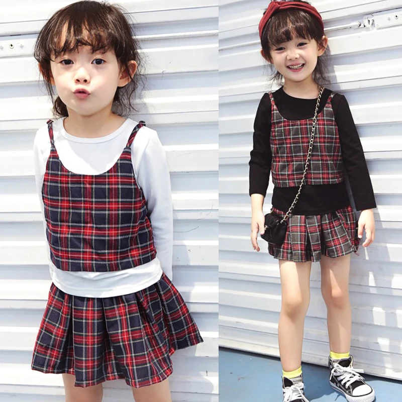 2017 Autumn Children Girls clothing set Sling vest + long sleeve T shirts +Plaid Skirts 3 pcs Clothes Suits School Uniform | Детская