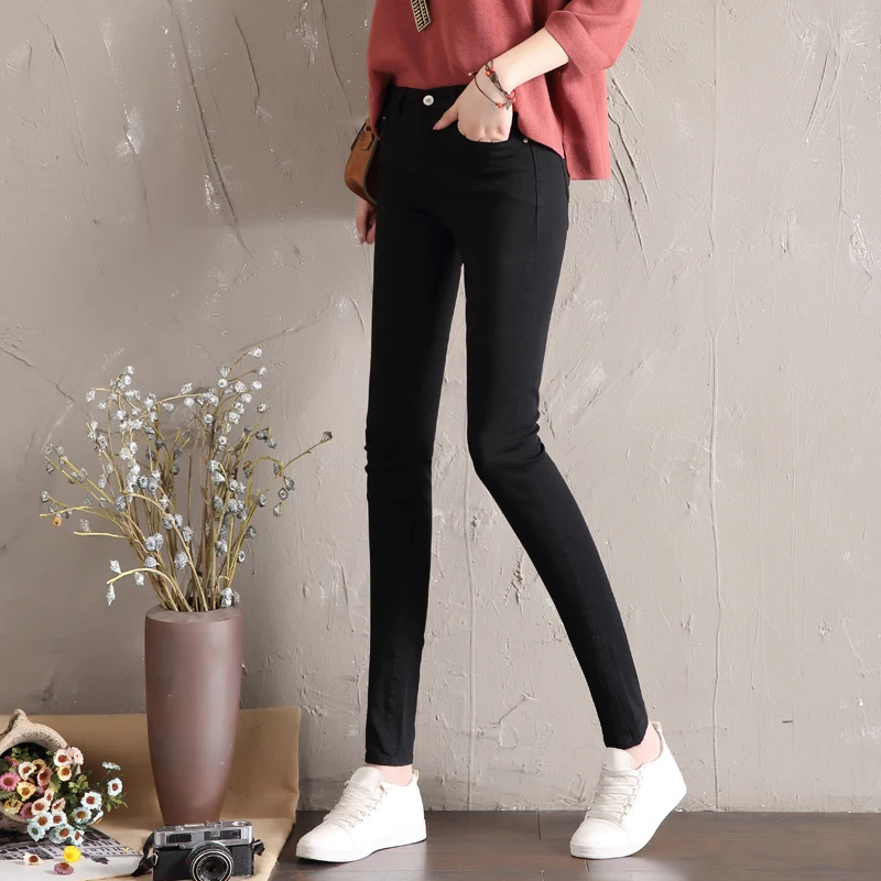 Хлопковые белые джинсы женские флисовые бархатные джинсы размера плюс с высокой талией обтягивающие Джинсы Стрейчевые хлопковые джинсовые брюки карандаш стрейч черные - Цвет: regular black