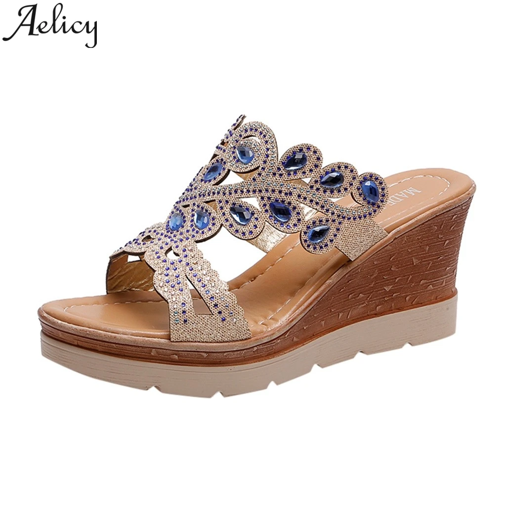 

JAYCOSIN 2019 Summer Rhinestone Sandals Wedge Heel Open Toe Crystal Flats Flip Flops Female Single Shoes Party Beach Gold Blue
