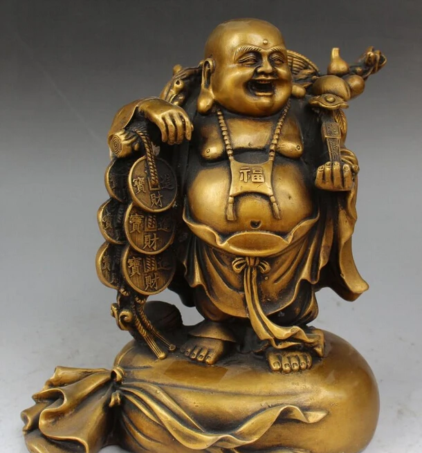 

10" Chinese Royal Pure Bronze Stand Happy Laugh Maitreya Buddha Money Bag Statue S0708