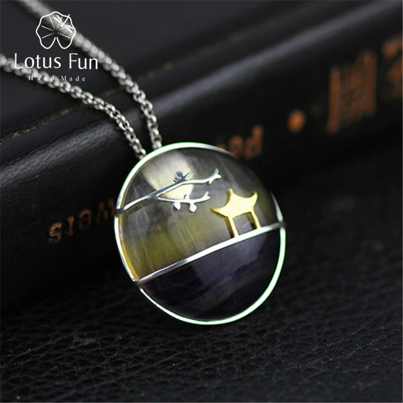 

Lotus Fun Real 925 Sterling Silver Natural Fluorite Handmade Fine Jewelry Pavilion and Plum Tree Pendant without Chain for Women