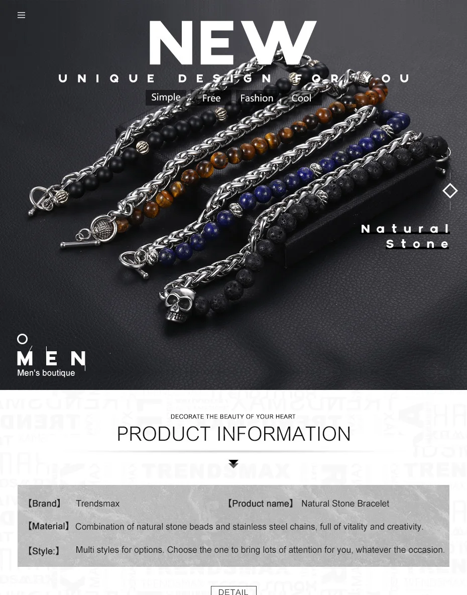 8mm Lapis Lazuli Tiger Eye Stone Men's Beaded Bracelet Stainless Steel Wheat Link Bracelet Male Wristband Gifts for Men DBM46