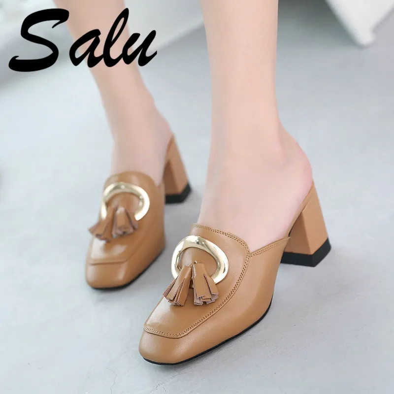 

Salu Sandals Women New High Thick Heels Shoes Genuine Leather Spring Summer Buckle Strap Women Shoes Size 34-42