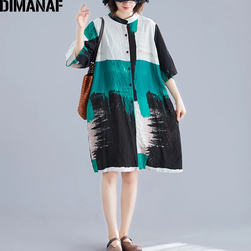 Женская льняная блузка DIMANAF, длинная хлопковая рубашка большого размера, повседневное базовое платье-рубашка свободного кроя, винтажное просторное платье для лета