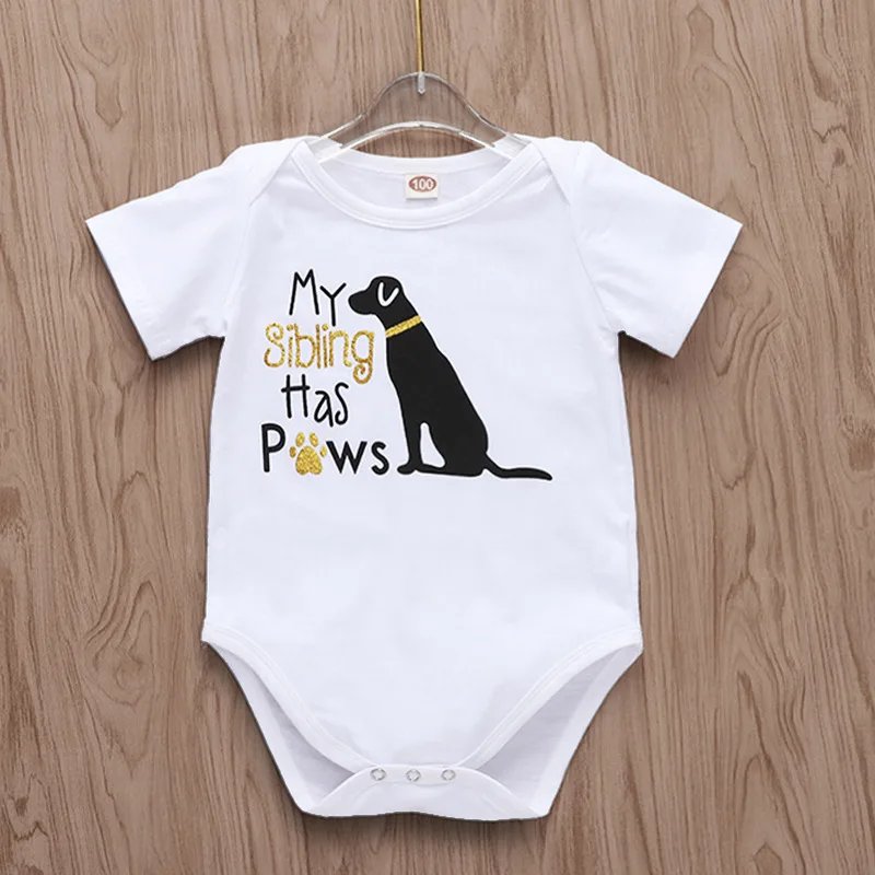 

Lovely Dog Baby Bodysuits My Sibling Have Paws Gold Print White Short Sleeves Newborn Infant Clothes Tiny Cottons 0-18M