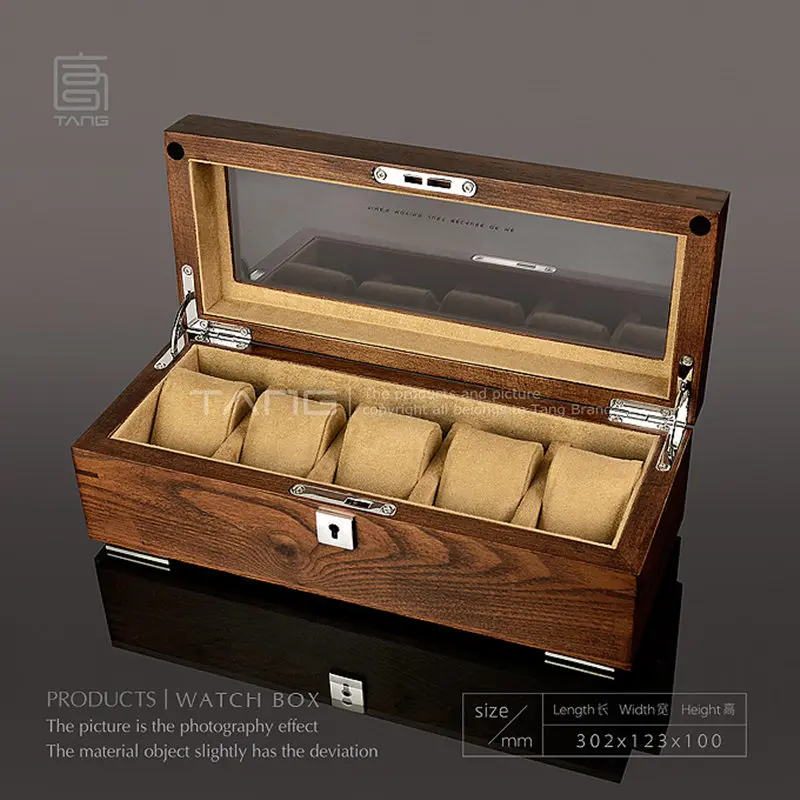 

Tang 5 Slots Watch Storage Cases Box Men Brown Wooden Display Boxes Case With Lock Women Jewelry Box With Window B058