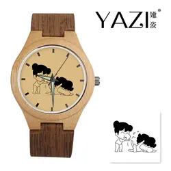 YAZI DIY Деревянные часы Дети Lucky Логотип Кварцевые часы из натурального бамбука деревянный корпус наручные часы Дерево полоса памяти подарок
