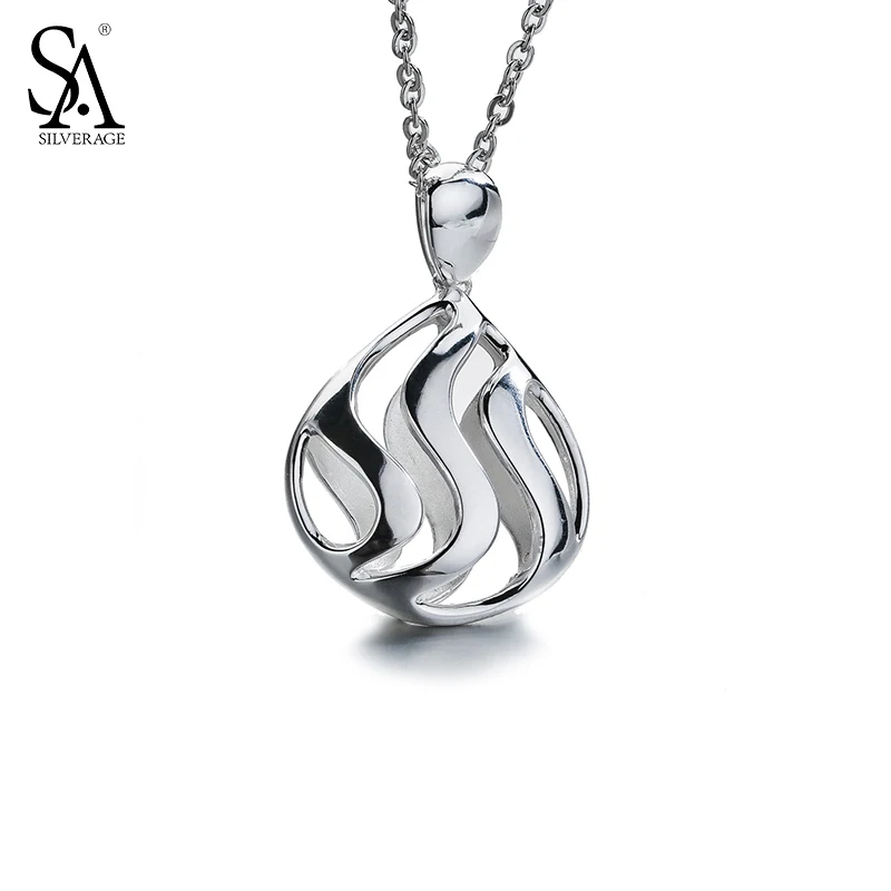

SA SILVERAGE 925 Sterling Silver Long Necklaces Pendants for Women Fine Jewelry Hollow Wave 2018 New Design