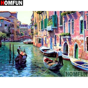 

HOMFUN Full Square/Round Drill 5D DIY Diamond Painting "House boat view" 3D Embroidery Cross Stitch 5D Home Decor Gift A17391