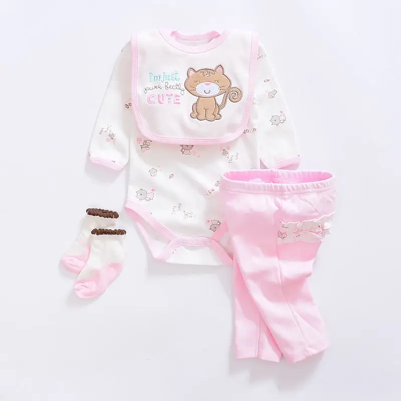 Комплекты одежды для малышей хлопковые костюмы для мальчиков комплекты одежды из 4 предметов для новорожденных девочек боди с длинными рукавами+ штаны+ носки+ шапка/нагрудник - Цвет: color as photo