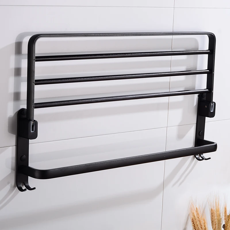 Towel Rack Hanging Holder Foldable Aluminum Bathroom Shelves with Hook Single Towel Bar Black Wall Mounted Corner Shelf Storage
