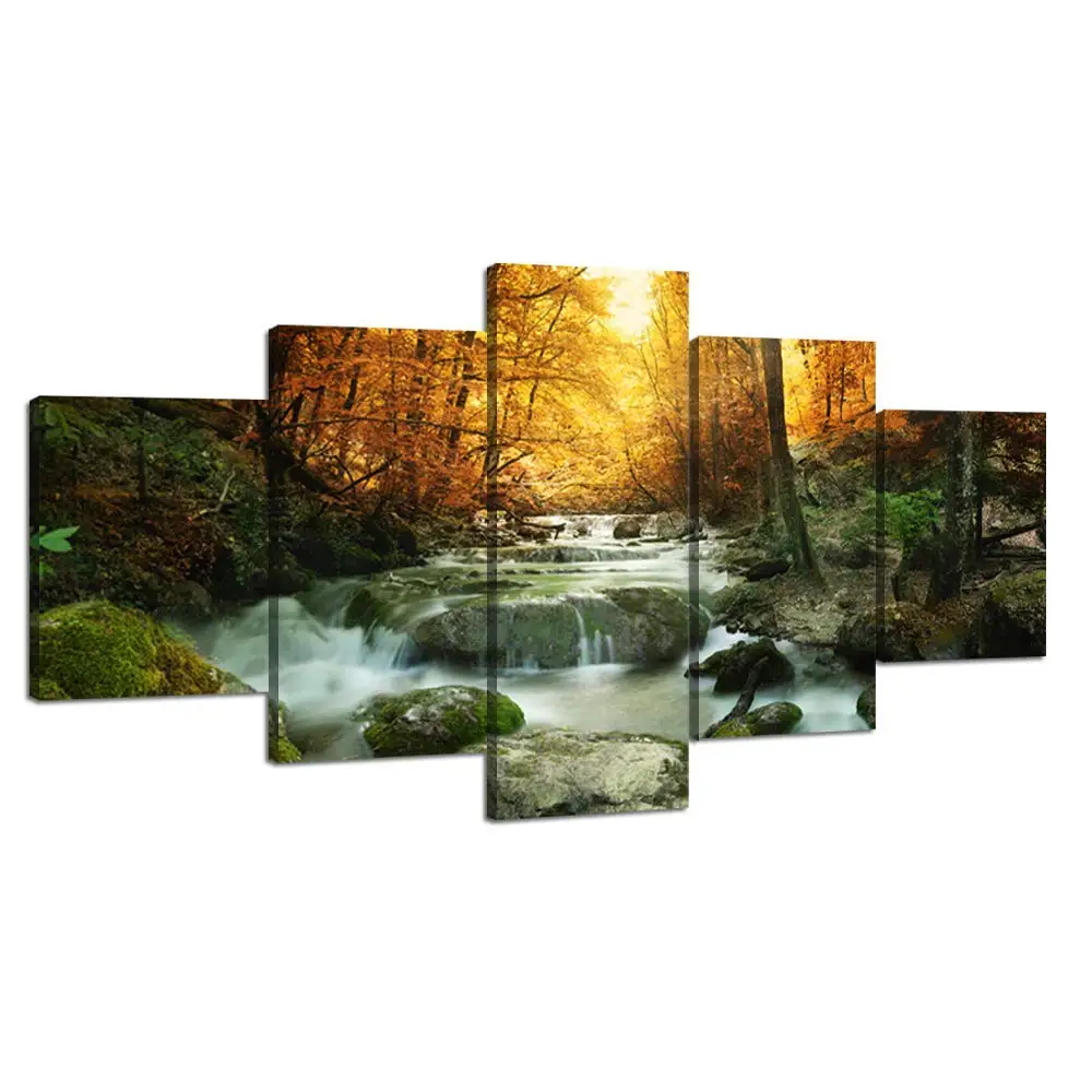 VIIVEI Forest Waterfall Scene Canvas Wall Art Modern Landscape Home Decor Decals Prints Artwork Paintings Posters for Living Room Bedroom Office 5 Panel Framed Ready to Hang (60 Wx32 H, Artwork-J)