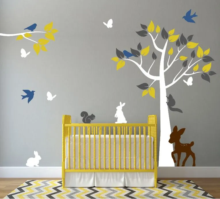 

Nursery Tree Branches With Flying Birds And Cute Rabbit Wall Decals Kids Baby Bedroom Art Decor HUge Tree Vinyl Sticker D-325