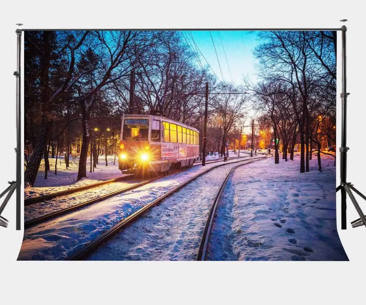 

150x220cm Winter Snow Backdrop Running Train Morning Park Photography Background