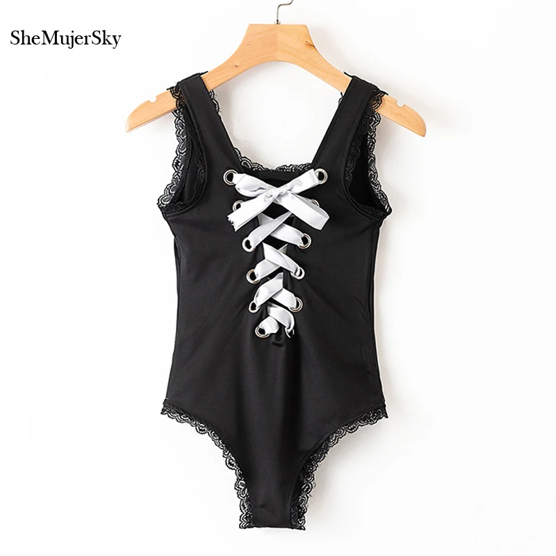 

Shemujersky Sexy Bandage Bodysuit Women Jumpsuits With Lace Bodycon One Piece Body Suit