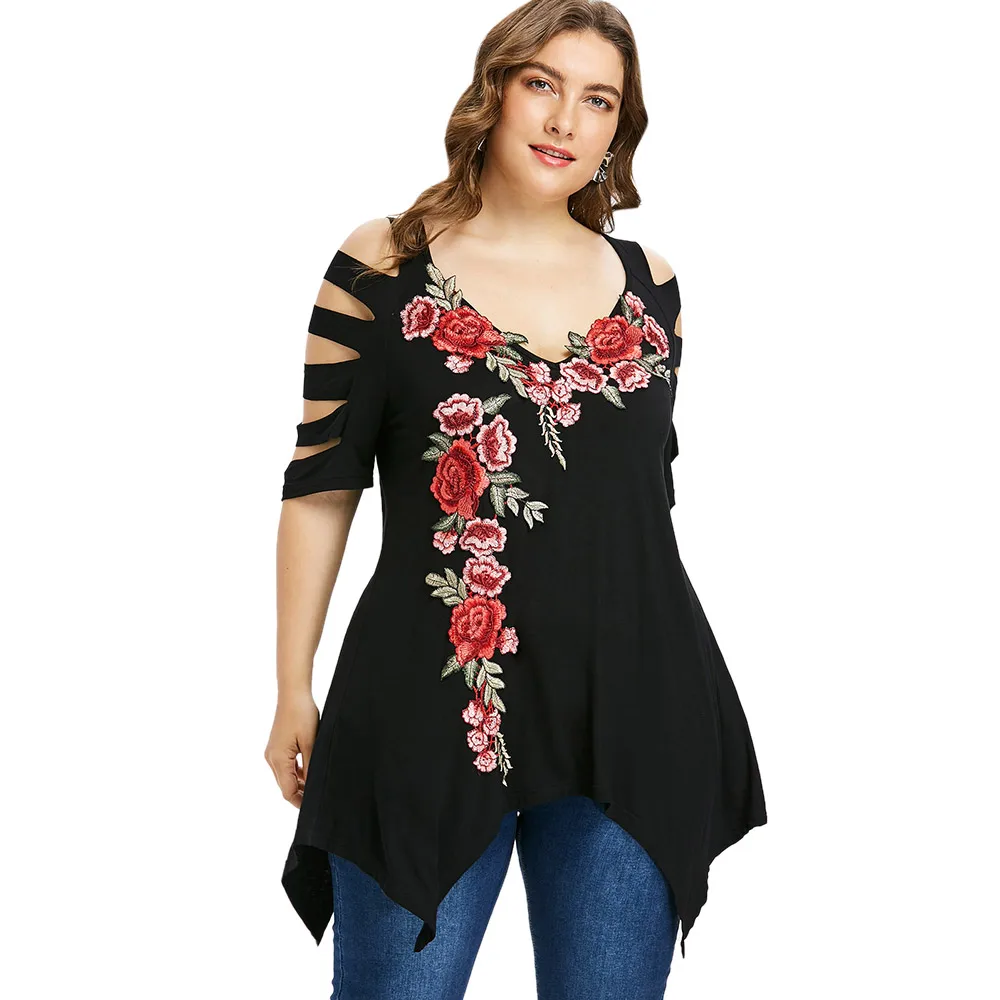 

Fashion Embroidery Plus Size Women Blouse Sexy V Neck Hollow Out Sleeves Irregular Blusas Ladder Cut Casual Shirts Tops