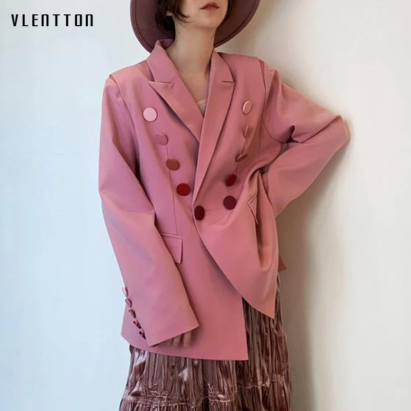 

Spring Pink Women Blazers 2019 Solid Double Breasted Korean Loose Female Jacket Long Sleeve Office Ladies Blazer Outwear Femme