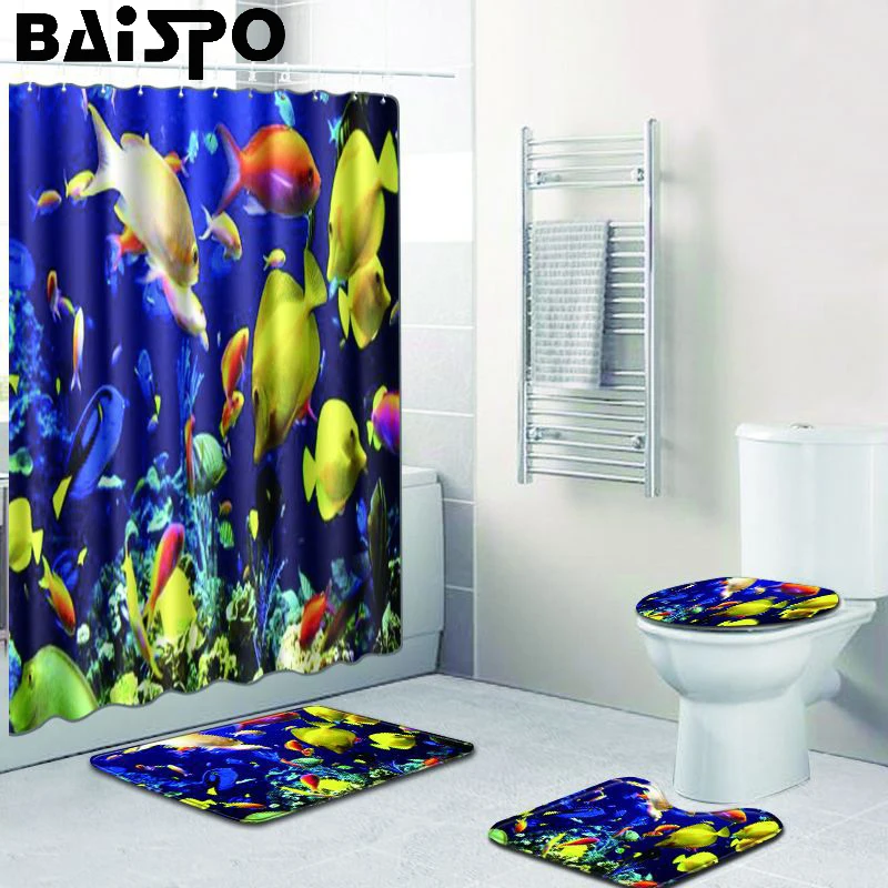

BAISPO Environmental Underwater World Series Home Floor Mat Shower Curtain Bathroom Decoration Accessories Bathroom Four-piece