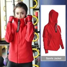 Осенне-зимняя куртка на молнии для бега Женская куртка с капюшоном для фитнеса спортивная куртка с длинным рукавом для йоги с карманом спортивная одежда